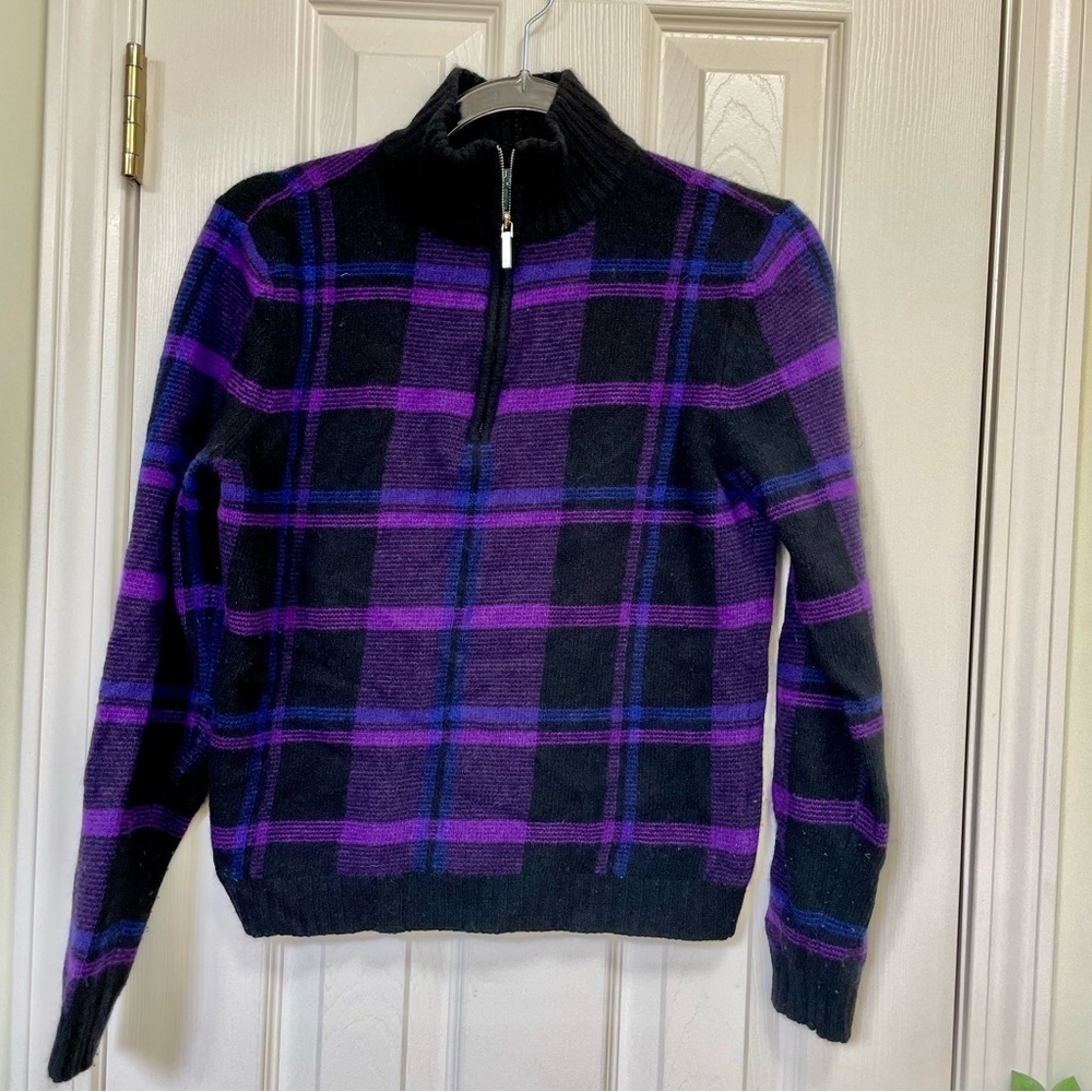 Lauren Ralph Lauren 3/4 zip purple black plaid mock neck sweater wool angora M